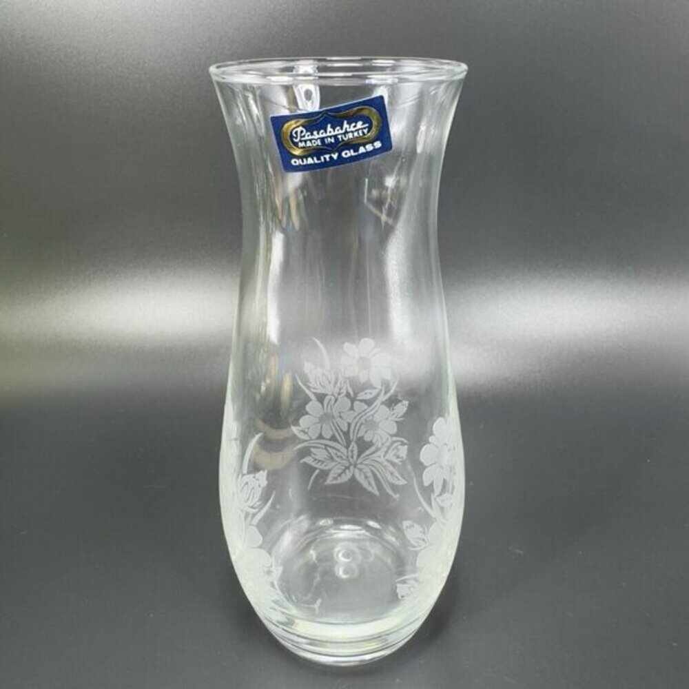 Vintage Pasabahce Etched Glass Vase Clear Floral Pattern With Sticker Turkey VTG